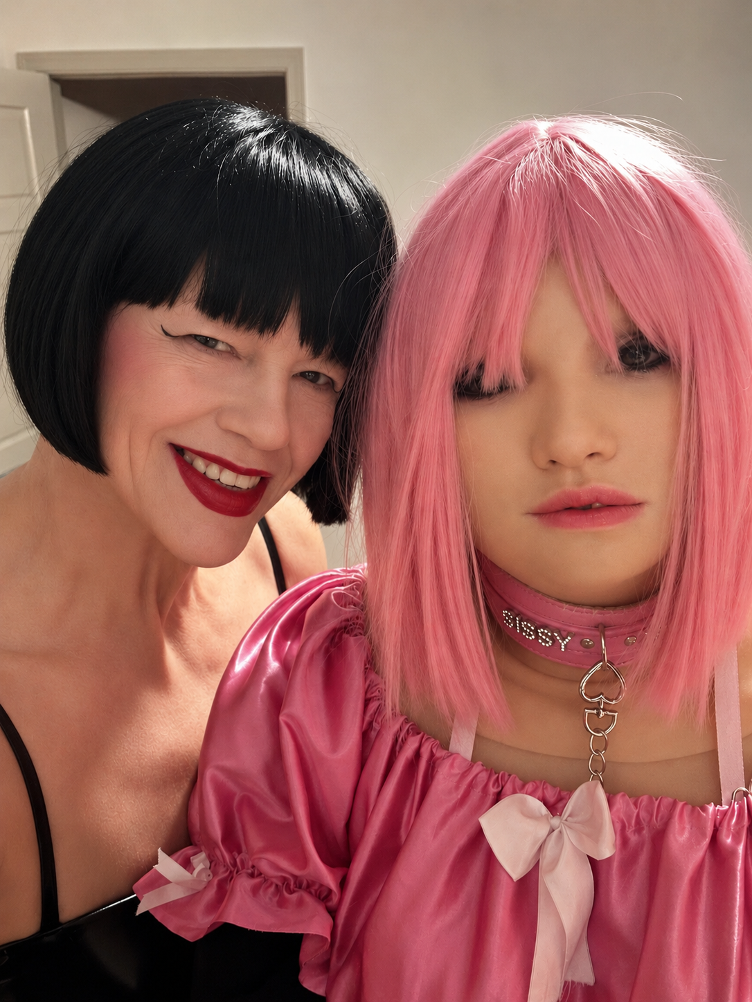 Ts Mistress Miss Mia Dallas and her Sissy Doll Dollification girl wearing a silicone female mask